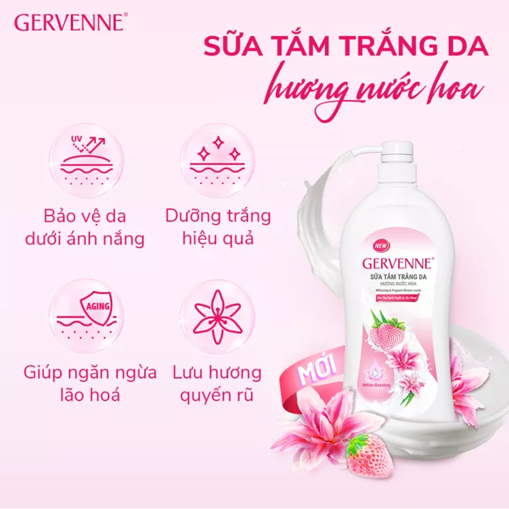 Combo 2 Sữa tắm trắng da hương nước hoa Gervenne Dâu Tây Bạch Tuyết và Lily Hồng 1.2L/chai