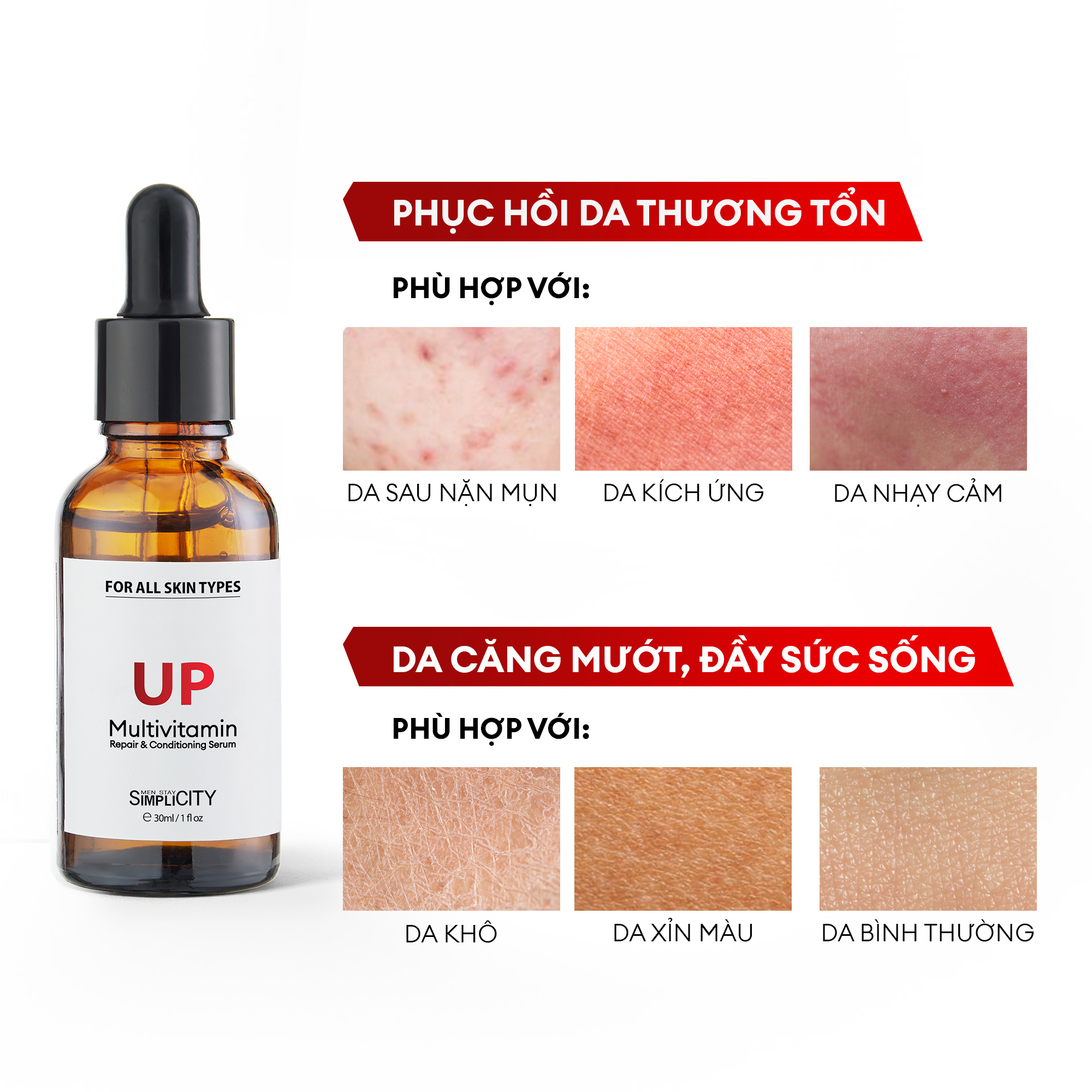 Serum Men Stay Simplicity phục hồi, cân bằng da đa vitamin chiết xuất rong nho cho nam Up Multivitamin Repair & Conditioning 30ml