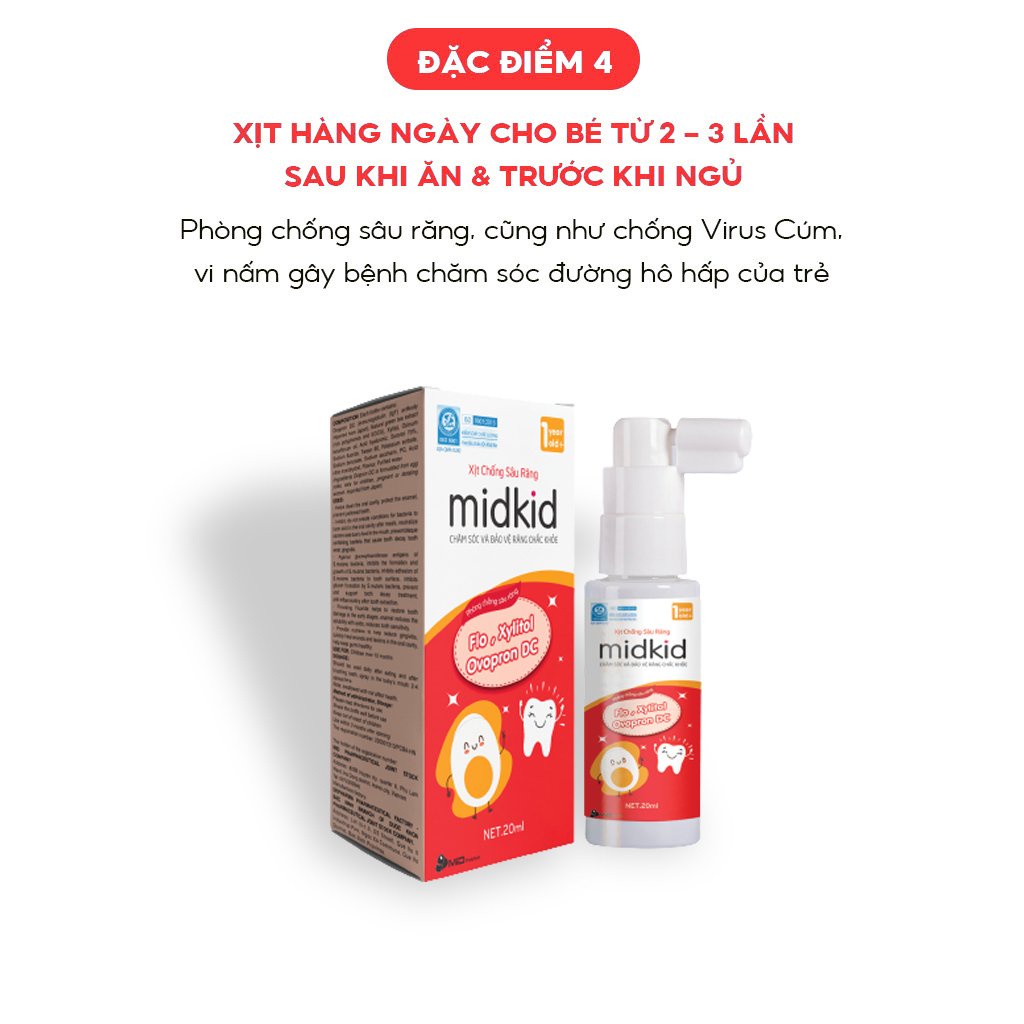 Xịt chống sâu răng MIDKID vị táo đỏ cho bé từ 1 tuổi giúp làm sạch và bảo vệ men răng, ngăn ngừa mảng bám ố vàng, hà mủn