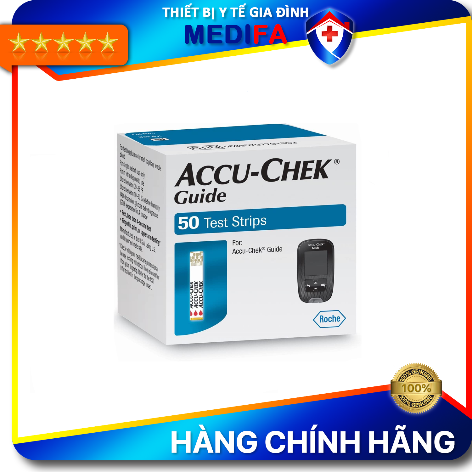 Hộp 2550 Que Thử Đường Huyết Accu-Chek Guide Có Nắp Nhựa Bảo Hiểm Hút Ẩm Cho Que, Đầu Thấm Máu Lớn, Chính Hãng Roche – Hộp 50 que