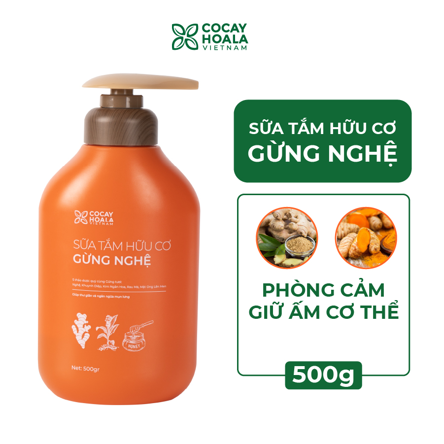 Sữa tắm thảo dược Gừng Nghệ Cỏ Cây Hoa Lá - Chiết Xuất Từ 9 Loại Thảo Dược Quý - Phòng Cảm, Tránh Gió, Dưỡng Da - Cho Con Cho Mẹ, Cho Đại Gia Đình, chai  500gr