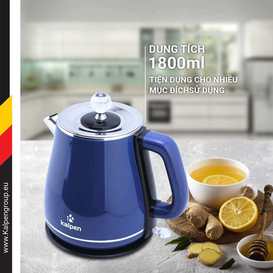 Ấm đun nước siêu tốc Kalpen KK9901 dung tích 1.8 lít, công suất 1500W, chất liệu inox 304 - BHàng chính hãng