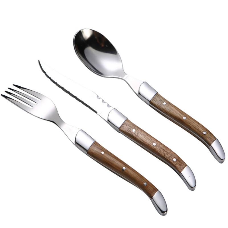 Thép Không Gỉ 304 Bữa Tối Bộ Muỗng Nĩa Dao Vàng Gỗ Tếch Tay Cầm Bằng Gỗ Bộ Đồ Ăn Sinh Thái Thân Thiện Phẳng Bằng Bộ Dao Kéo Nhà Bếp
