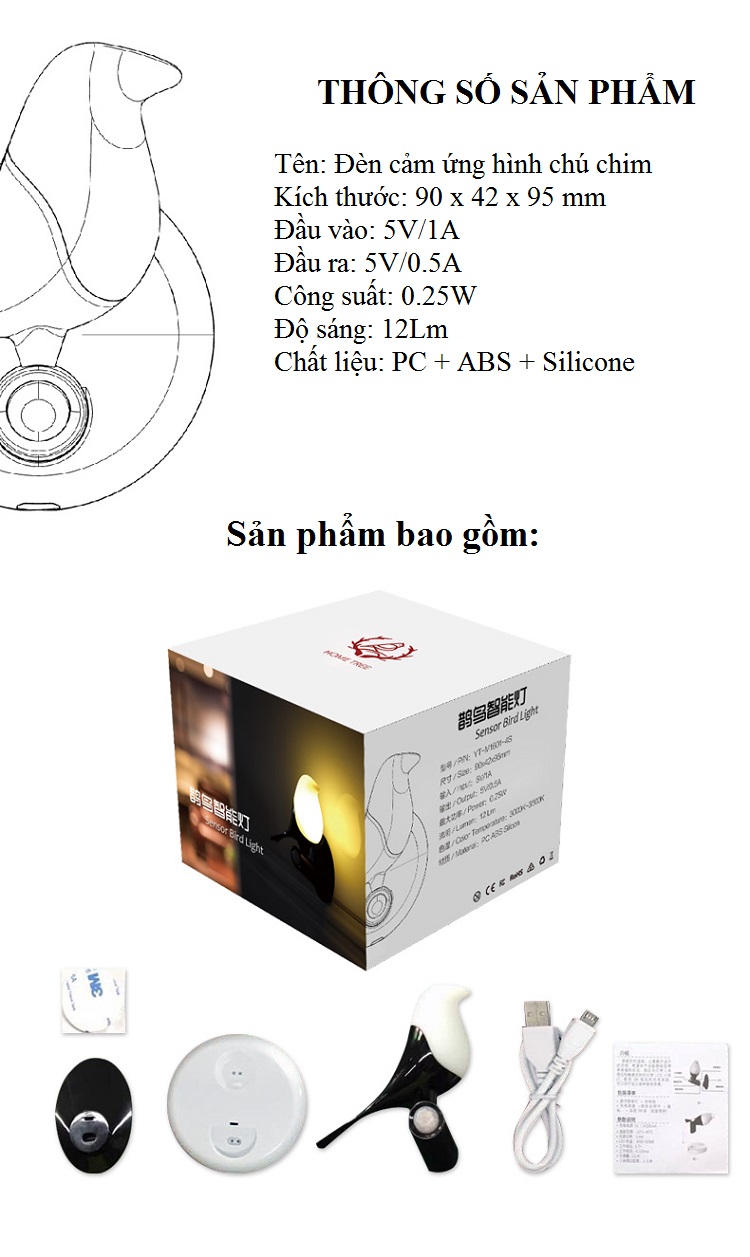 Đèn Led Dán Tường Trang Trí Hình Chú Chim Trang Trí Nội Thất.