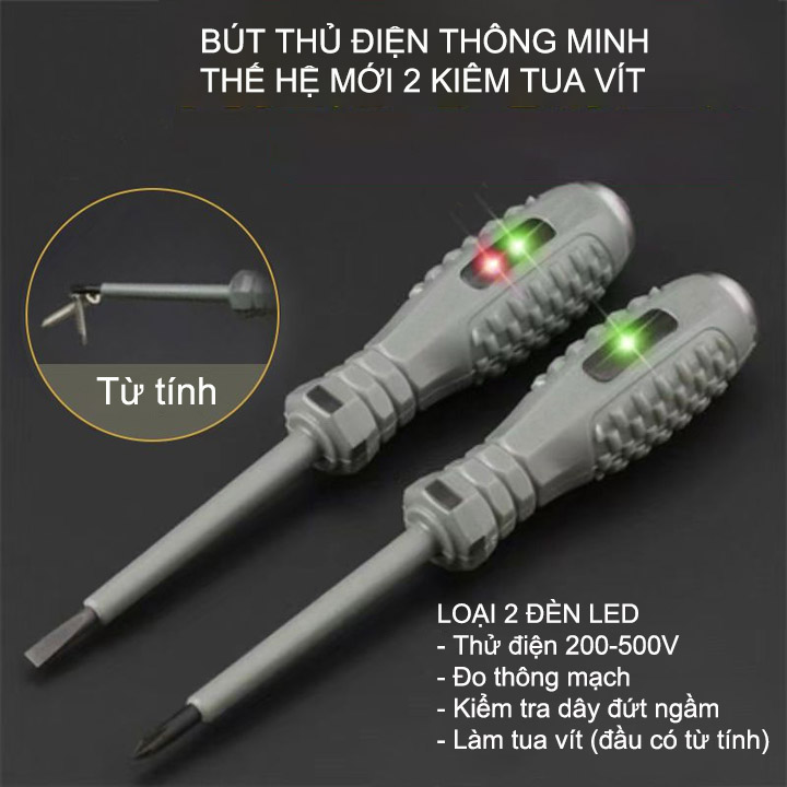 Bút thử điện thông minh thế hệ mới 02, với 2 đèn xanh đỏ, tua vít từ tính, kiểm tra dây điện đứt ngầm, đo thông mạch
