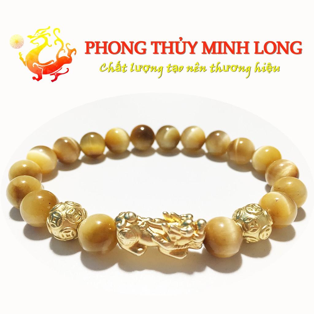 Vòng tay đá Mắt Hổ Vàng Tâm chất lượng 5A mix Tỳ Hưu và 2 Hạt Kim Tiền Vàng hợp mệnh Thổ và mệnh Kim