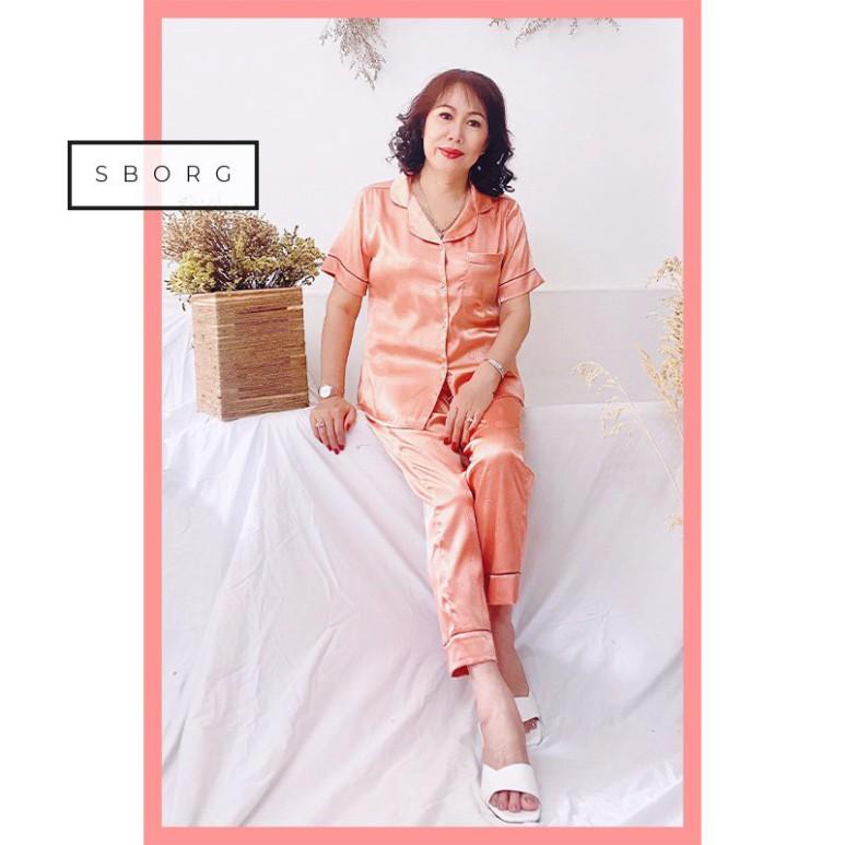 Đồ bộ ngủ trung niên SBORG Pijama Bộ lụa vải gấm mặc nhà tay ngắn quần dài sang trọng có túi quà tặng mẹ có Bi