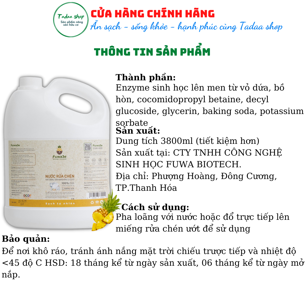 Nước rửa chén hữu cơ hương dứa Fuwa3e an toàn cho da trẻ em can tiết kiệm 3,8L