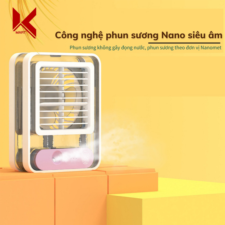 Quạt điều hòa mini trong suốt để bàn, có phun sương và 3 cấp độ gió, tích hợp đèn led - K-Mart