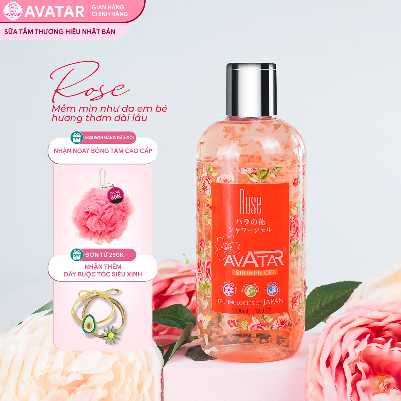 Sữa tắm Nhật cao cấp cánh hoa hồng 500ml- cánh hoa Rose nguyên chất giúp tươi trẻ làn da mịn màng, mềm mại và trắng hồng