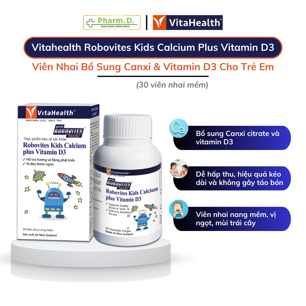 Viên Nhai Bổ Sung Canxi Và Vitamin D3 Cho Trẻ Em VITAHEALTH Robovites Kids (30 Viên)