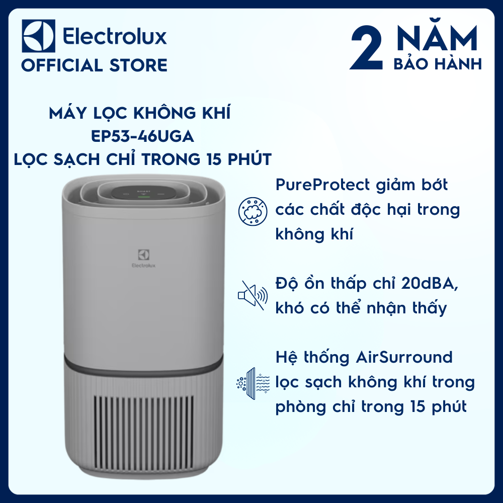 [MỚI 2024] Máy lọc không khí Electrolux EP53-46UGA - phòng 52m² - Bộ lọc 5 lớp diệt 99.99% vi khuẩn &amp; bụi mịn, lọc sạch không khí chỉ trong 15 phút - Hàng chính hãng