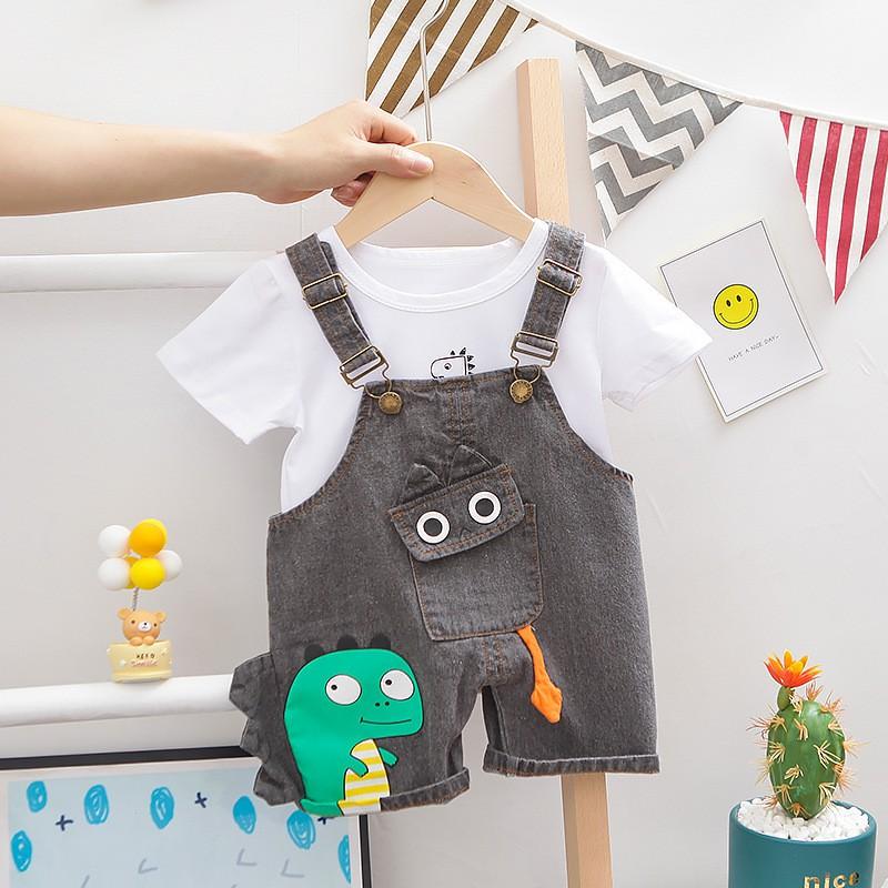 Set áo thun và quần yếm in khủng long cho bé trai và bé gái từ 0-4 tuổi -