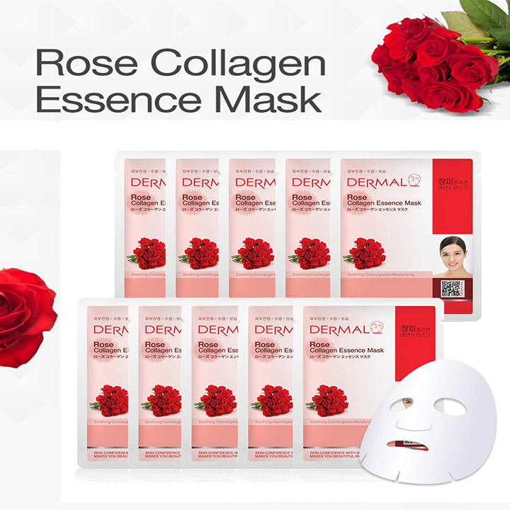 Mặt Nạ Dermal Tinh Chất Hoa Hồng Làm Dịu Da Rose Collagen Essence Mask 23g - 10 Miếng
