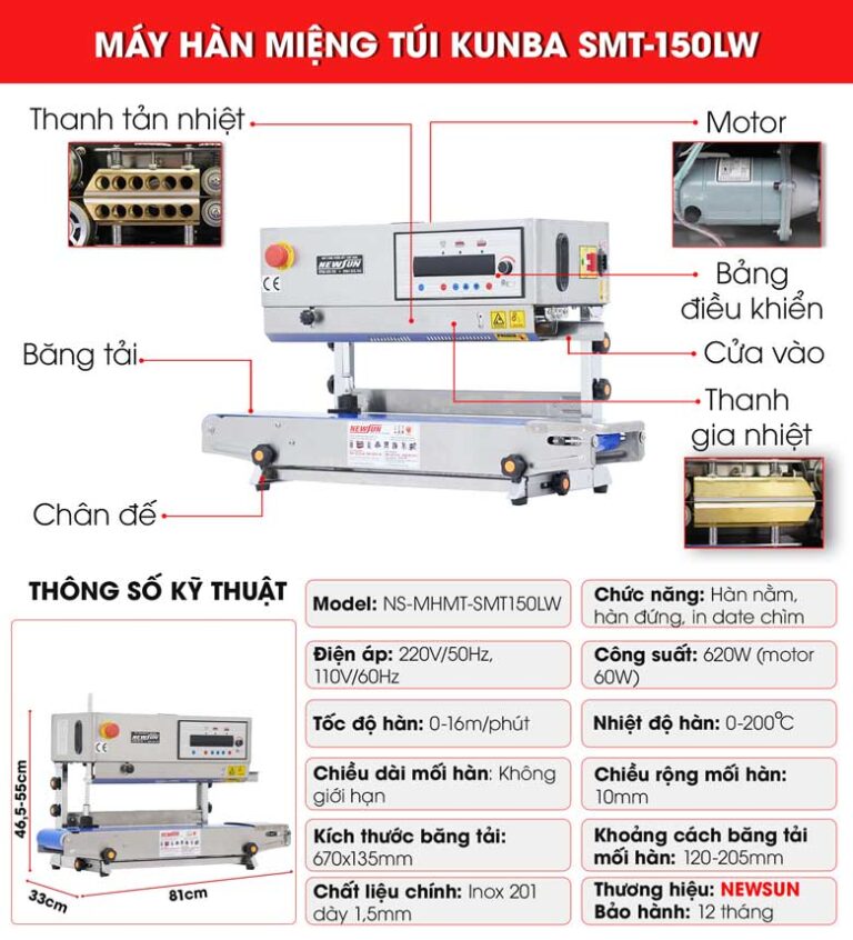 Máy hàn miệng túi Kunba SMT-150LW NEWSUN - Hàn nằm, hàn đứng, in date chìm - Hàng chính hãng