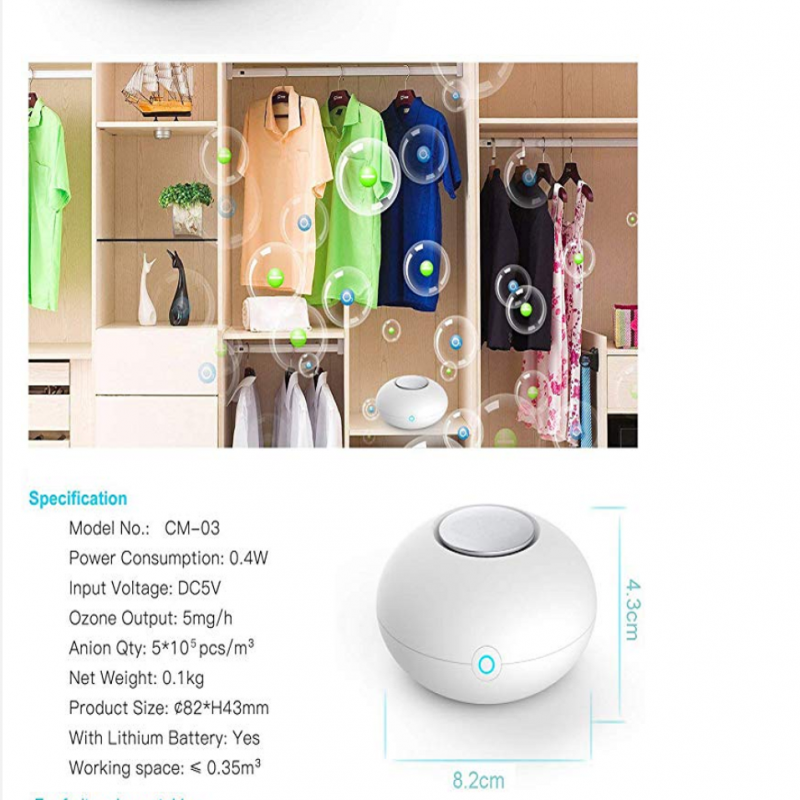 Portable Air Purifier, Mini Ozone Generator with USB Rechargeable Odor Eliminator, Deodorization Sterilizer Ozone Machine for Travelling, Room, Car,
