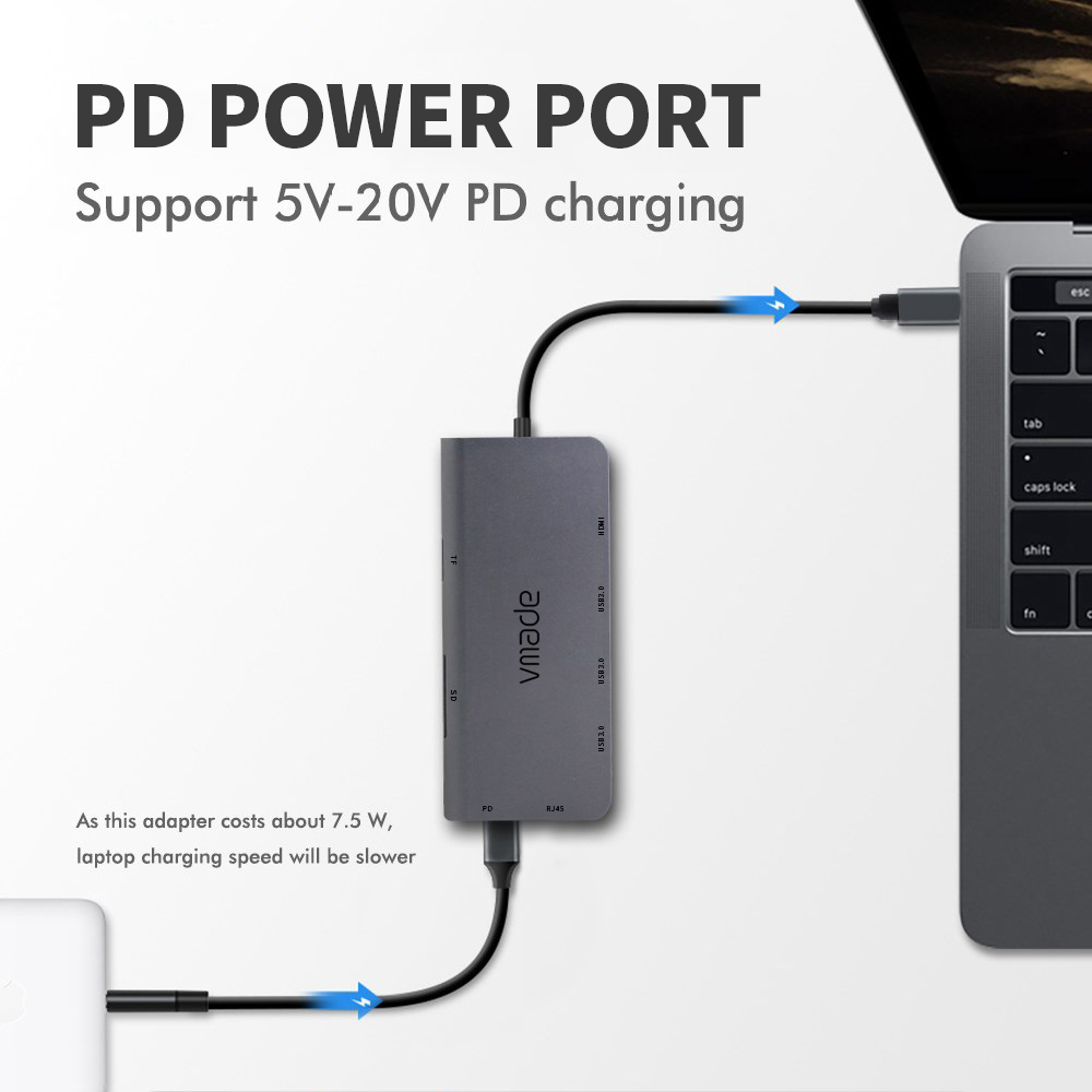 Bộ chuyển đổi 8 trong 1 bằng hợp kim nhôm loại C sang USB 3.0 với Khe cắm thẻ nhớ TF SD Cổng RJ45 Hỗ trợ PD Charging