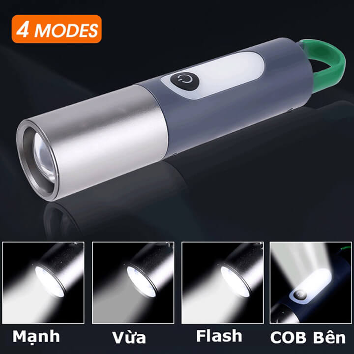 Đèn pin cầm tay siêu sáng chiếu xa 200m Zoom xa gần, Đèn pin Led cầm tay có móc treo, pin trâu, chống thấm nước IPX4-XST836