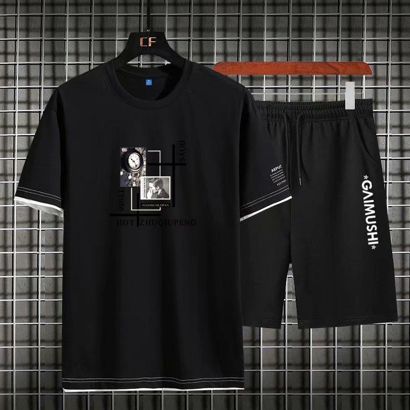 Set Áo Thun Ngắn Tay Cổ Tròn Giả Hai Lớp + Quần Short Thể Thao Cho Nam