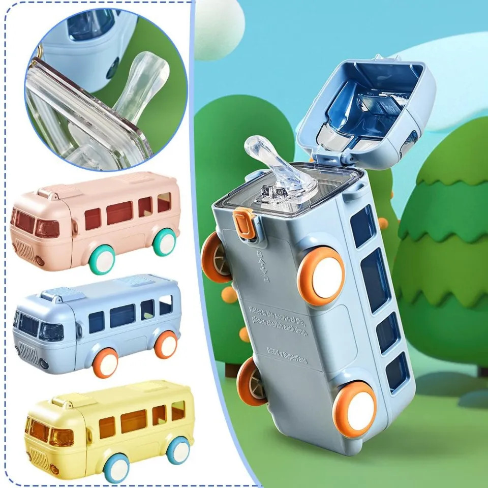 Bình Nước Hình Xe Bus  Cốc Nước Ô Tô Ngoài Trời Dung Tích 500m 2 lớp , chai nước hình xe bus gấu cho gia đình Cool cute bus for kid