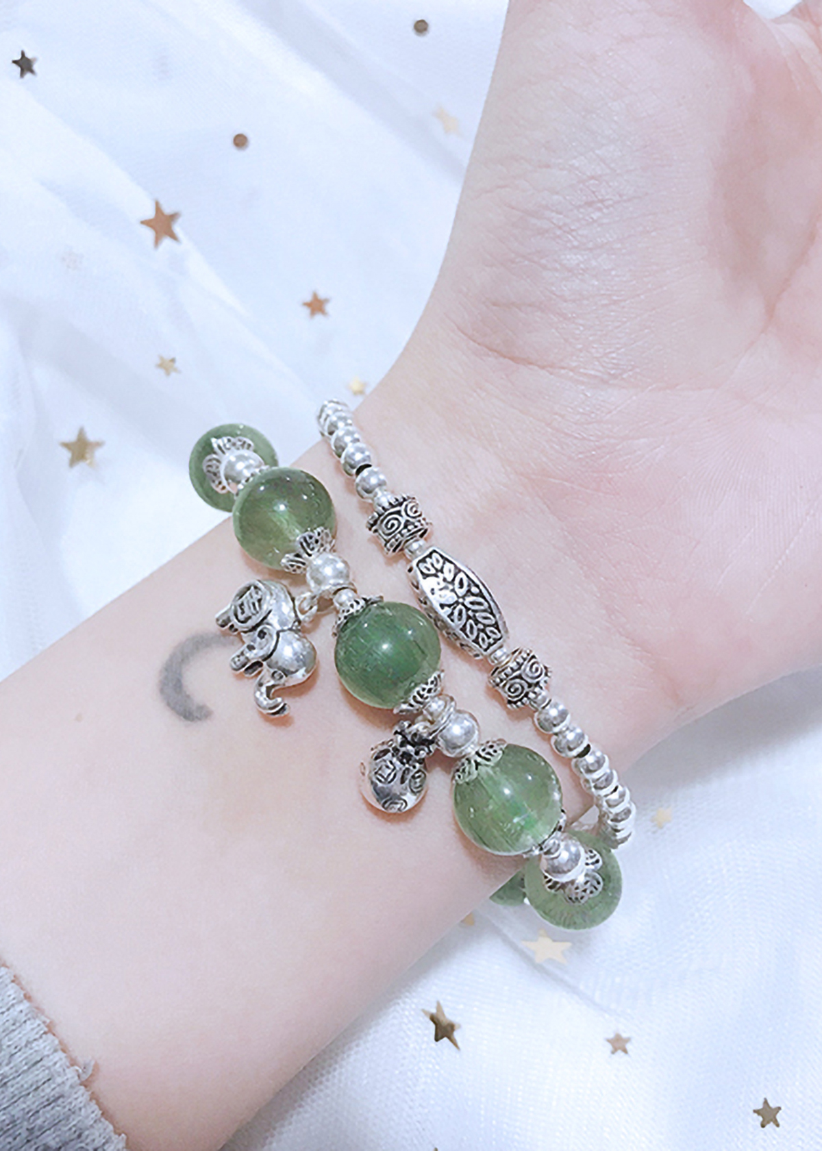 Vòng 2 line đá thạch anh tóc xanh phối charm voi mệnh hỏa, mộc - Ngọc Quý Gemstones