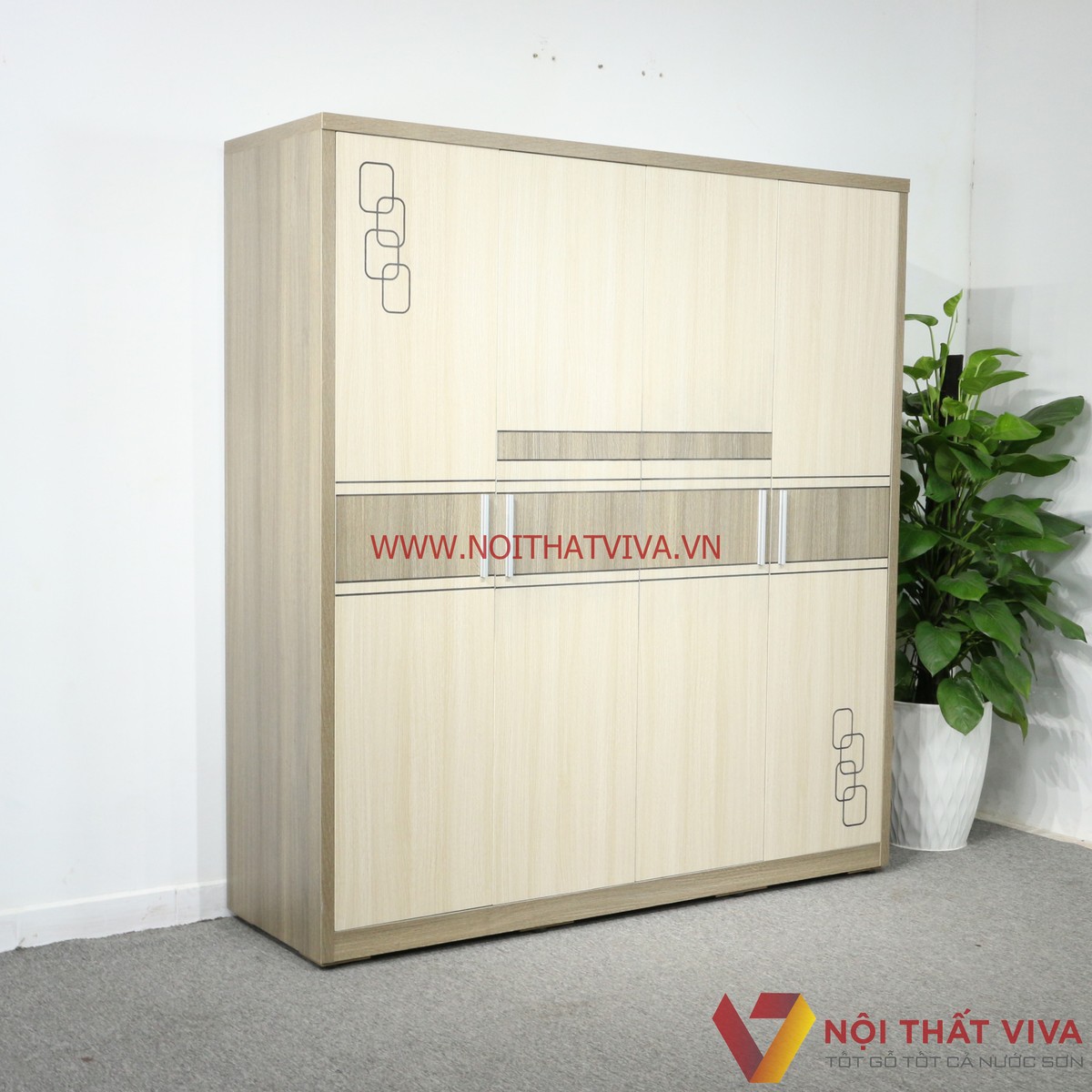 Tủ Quần Áo 4 Cánh Gỗ MDF Màu Xám Vân Gỗ Chạy Chỉ Chạm Họa Tiết Tinh Xảo Đẹp
