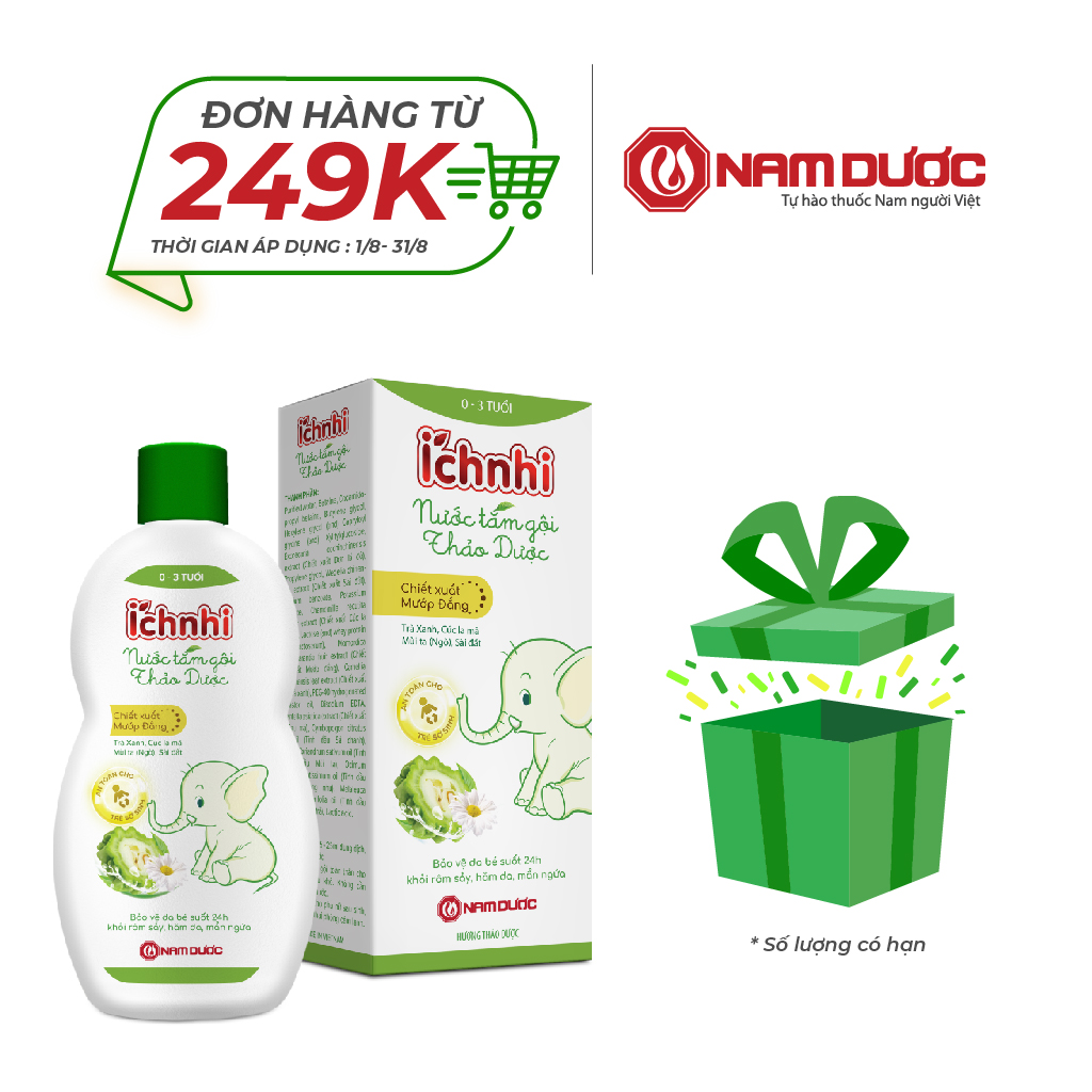 Nước tắm gội thảo dược Ích Nhi lọ 230ml (0-3 tuổi) bảo vệ bé suốt 24h ngừa rôm sảy, hăm da, mẩn ngứa