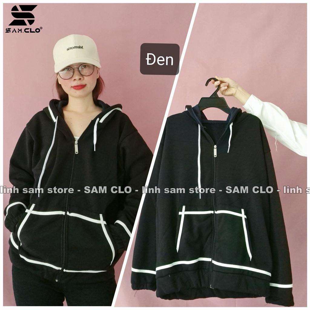 Áo khoác nỉ SAM CLO có mũ khóa kéo freesize nữ dáng unisex CÓ BO VIỀN TRẮNG