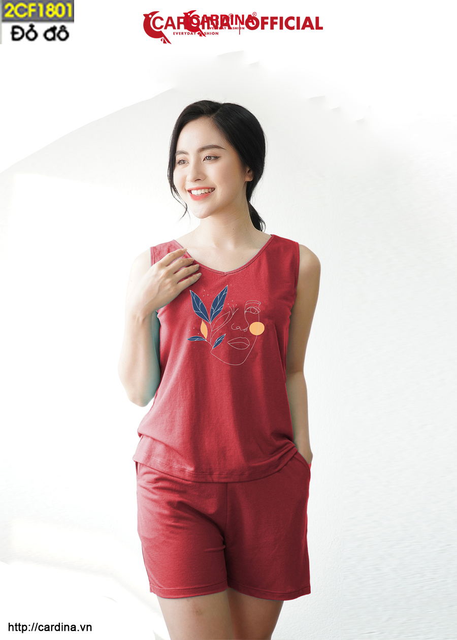 Đồ Bộ Nữ CARDINA Chất Cotton Nhật Cao Cấp Quần Đùi Áo Sát Nách Co Giãn In Lá 2CF18