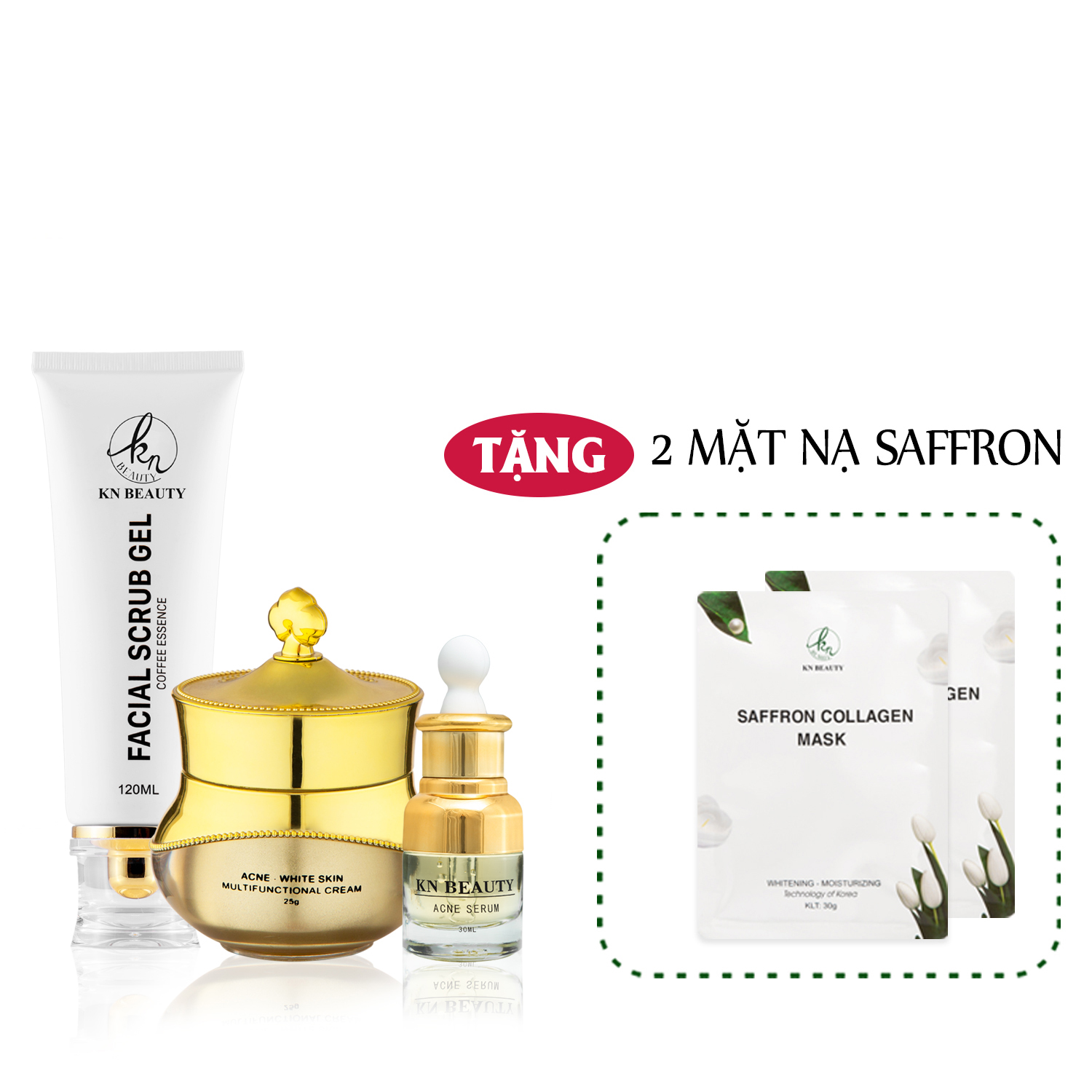 Bộ 3 sản phẩm Trắng Da Ngừa mụn KN Beauty chuyên sâu:Kem dưỡng 25g + Serum 30ml+ Tẩy tế bào chết 120ml (Tặng 2 Mặt nạ Saffron)