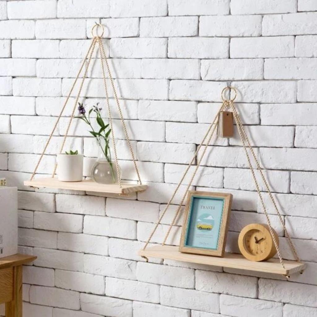 4pcs Decorative Wall Mounted Shelves Hanging Shelves w/ Rope Kitchen Decor
