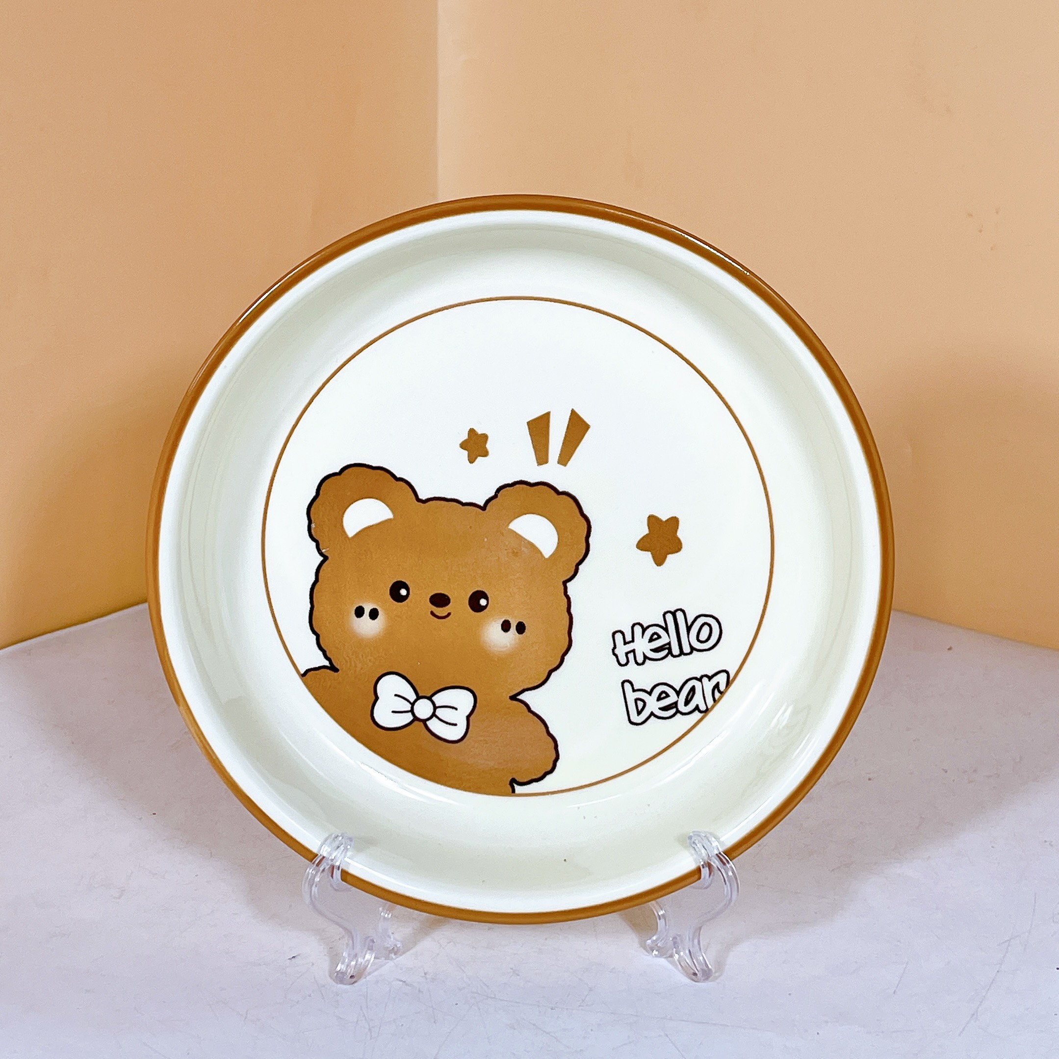 Bộ Bát Đĩa Gốm Sứ Cao Cấp Gosu Hình Gấu Cam Trắng Đáng Yêu