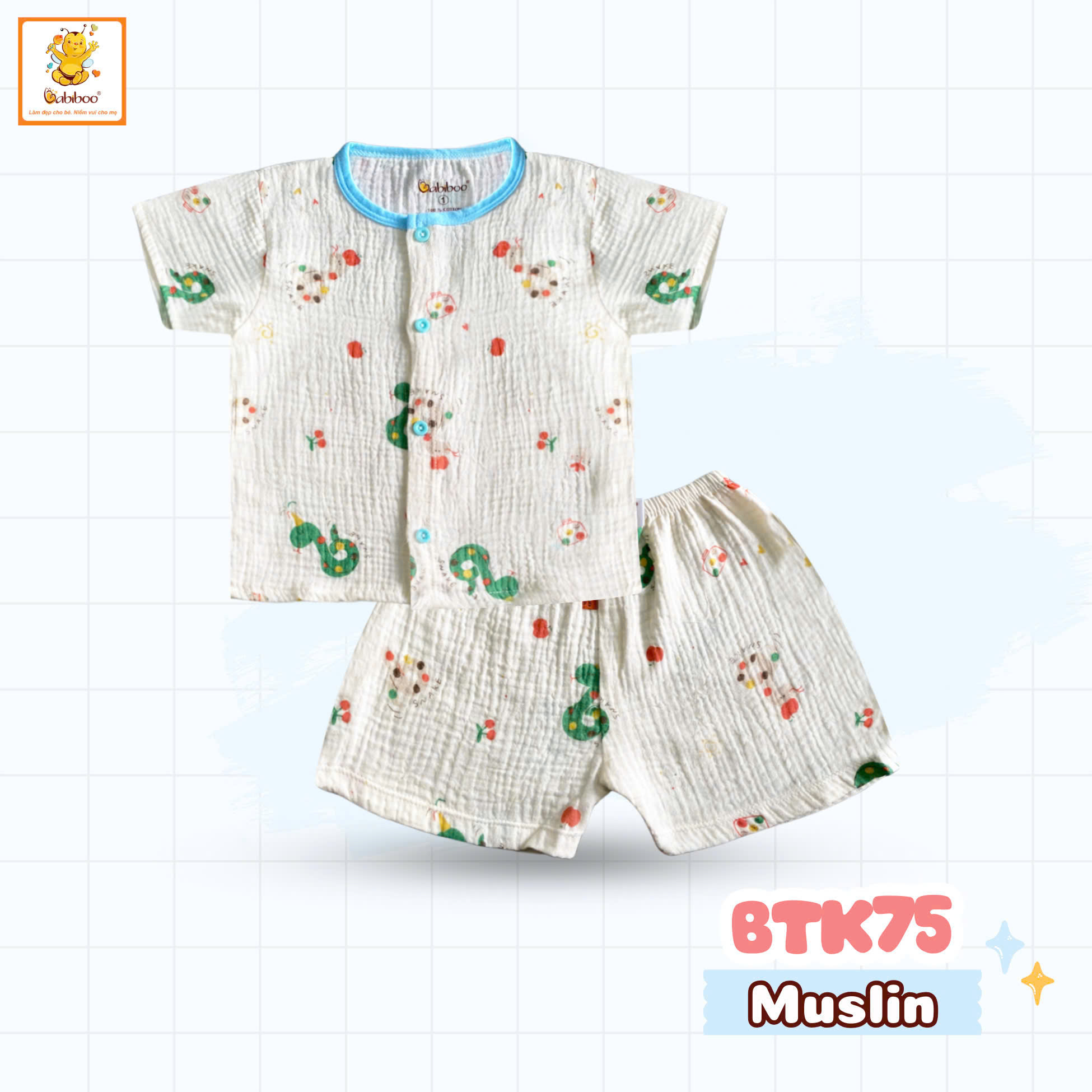 Đô bộ bé trai Babiboo bộ quần áo cho bé tay ngắn chất muslin thông thoáng, mềm mại BTK75