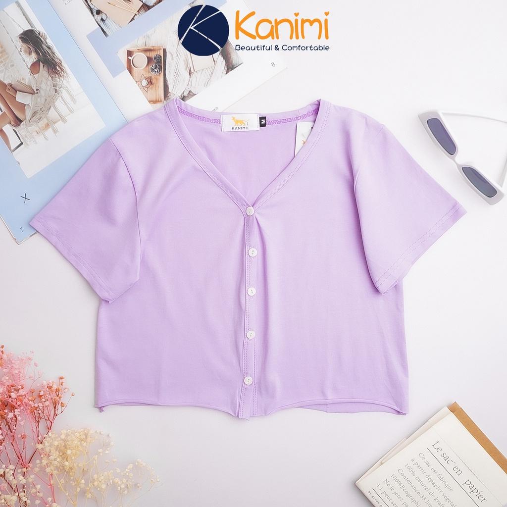 Áo croptop cổ tim cài cúc tay ngắn form rộng chất 4 chiều 100% cotton cực đẹp Kanimi - AN07