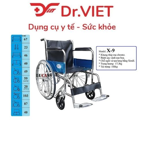 Xe Lăn Tay Lucass X9 Cho Người Già, Người Bệnh, Người Khuyết Tật, Khung Thép Mạ Crom, Ghế Simili, Có Gác Chân, Gấp Gọn