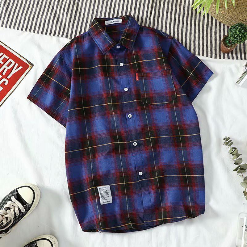 Áo sơ mi tay ngắn họa tiết sọc vuông thời trang phong cách cho nam