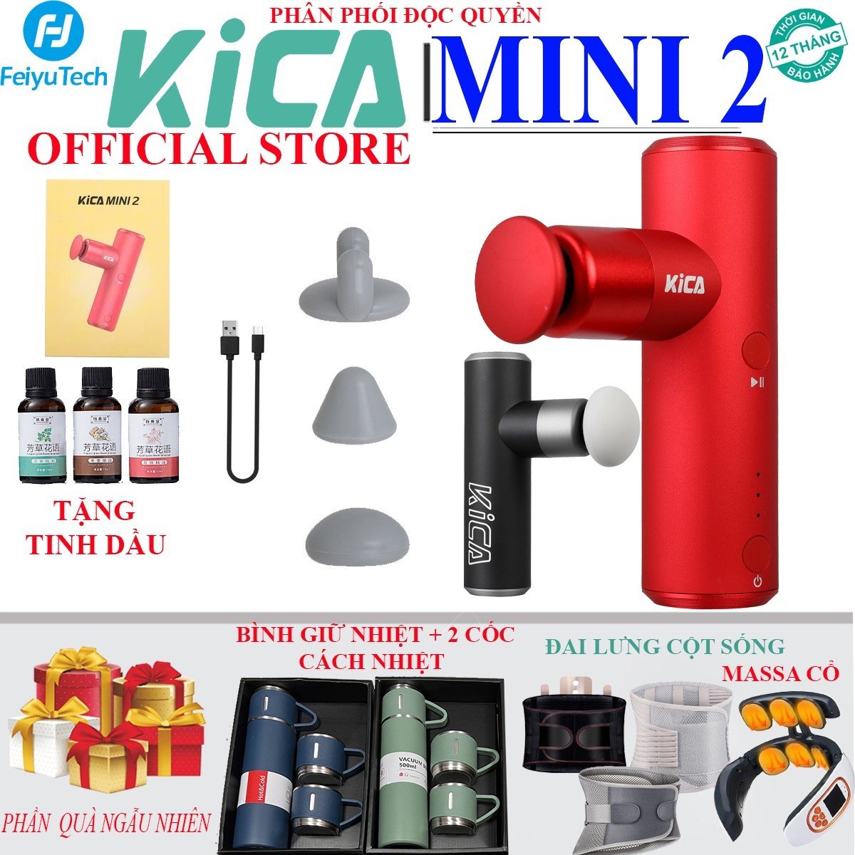 ƯU ĐÃI TẶNG QUÀ -  Máy Mát Xa Cầm Tay KICA MINI 2 Thiết Kế Nhỏ Gọn 3 Đầu Thay Thế 4 Cấp Độ Hỗ Trợ Mát Xa Chuyên Sâu, Giảm Đau - Hàng chính hãng