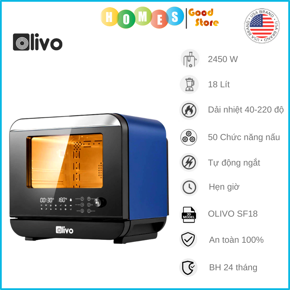 Nồi Chiên Không Dầu, Nồi Chiên Hơi Nước OLIVO SF18 Thương Hiệu Mỹ Cao Cấp Gồm 50 Chức Năng Làm Bít Tết Hấp Nướng Hâm Nóng Đa Năng Dung Tích 18 Lít Công Suất 2450 W - Hàng Chính Hãng