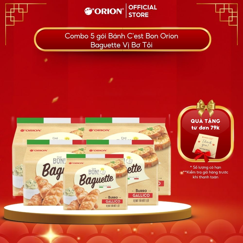 Combo 5 gói Bánh Nướng Giòn C'est Bon Orion  Baguette Vị Bơ Tỏi Đút Lò (Túi 5 gói)