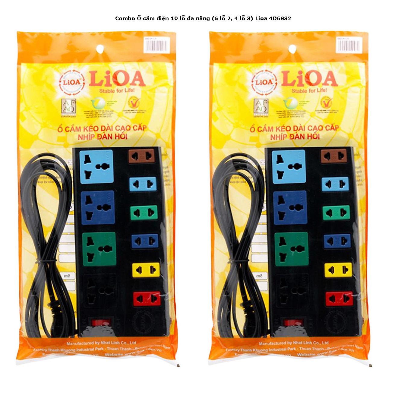 Combo 2 Ổ cắm điện 10 lỗ đa năng dây 3m Lioa 4D6S32 màu đen