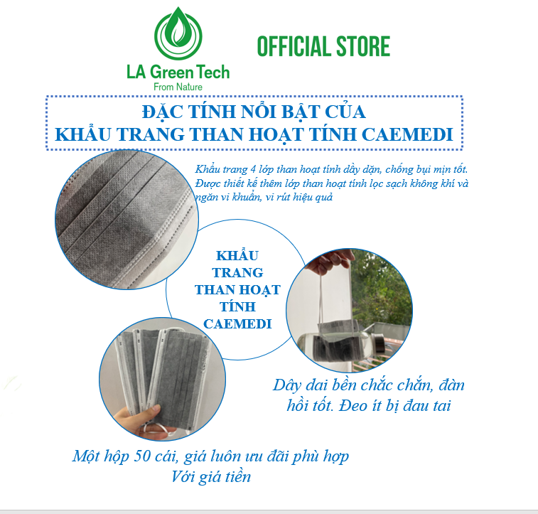 Khẩu trang y tế CAEMEDI 4 lớp Than Hoạt Tính, kháng khuẩn, lọc bụi bẩn chuẩn BFE, FDA xuất khẩu Châu Âu - Hộp 50 Cái