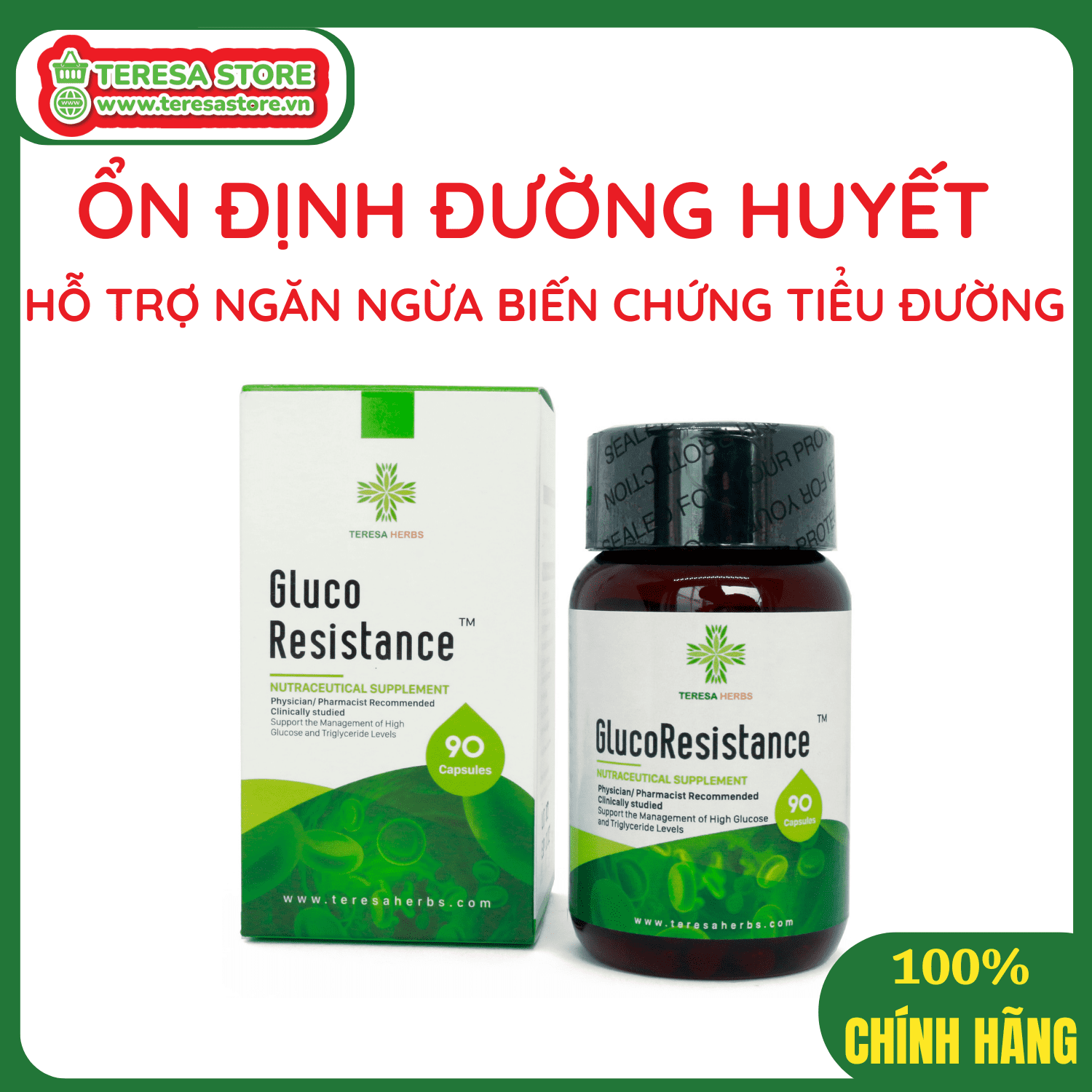 Viên uống Hỗ trợ Tiểu Đường, ổn định đường huyết, kiểm soát đường huyết (100% Chiết xuất Thảo Dược) - Teresa Herbs GlucoResistance (Made in USA)- Hộp 90 viên 500mg/viên