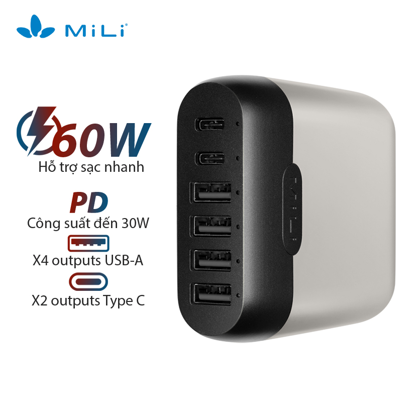 Adapter Sạc 6 Cổng Công Suất 60W MiLi Charger Station III Hỗ Trợ Sạc Nhanh Power Delivery HC-60-C - Hàng Chính Hãng