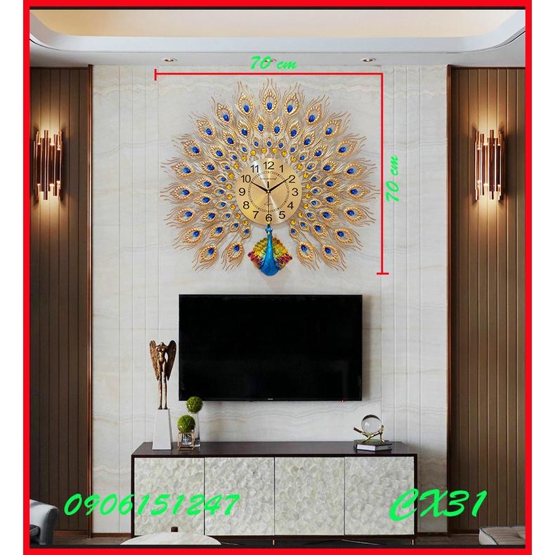 Đồng hồ treo tường trang trí decor chim công CX31 Khổng Tước vàng kích thước 70 x 70 cm