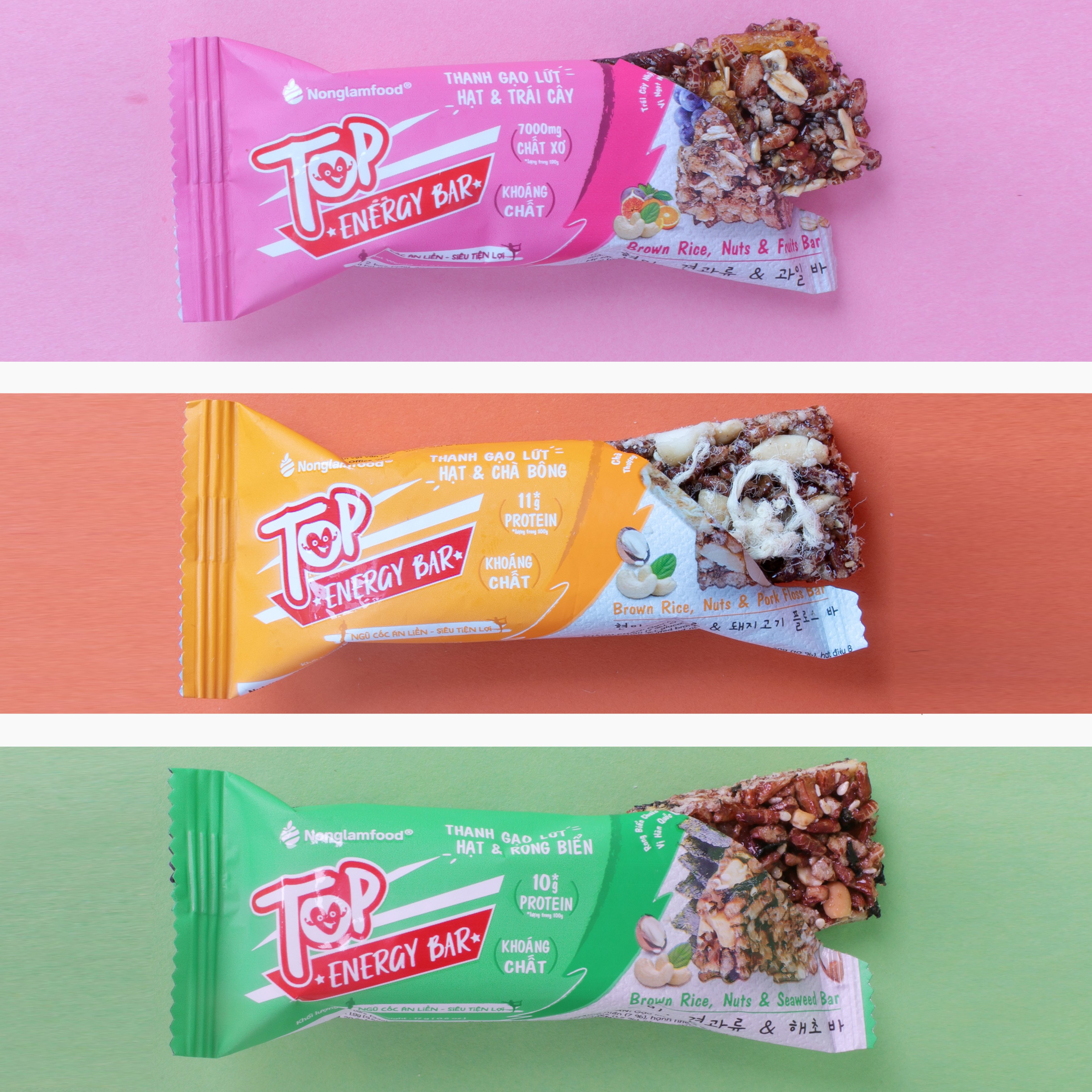 Combo 3 hộp thanh gạo lứt ngũ cốc Top Energy Bar hạt và chà bông, rong biển, trái cây 272g Nonglamfood