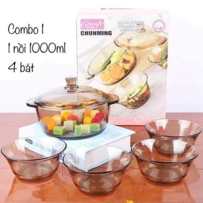 Bộ nồi thủy tinh 1000ml kèm 4 bát ăn cơm 320ml chịu nhiệt tốt làm quà tặng sang trọng - Đồ gia dụng, dụng cụ nhà bếp