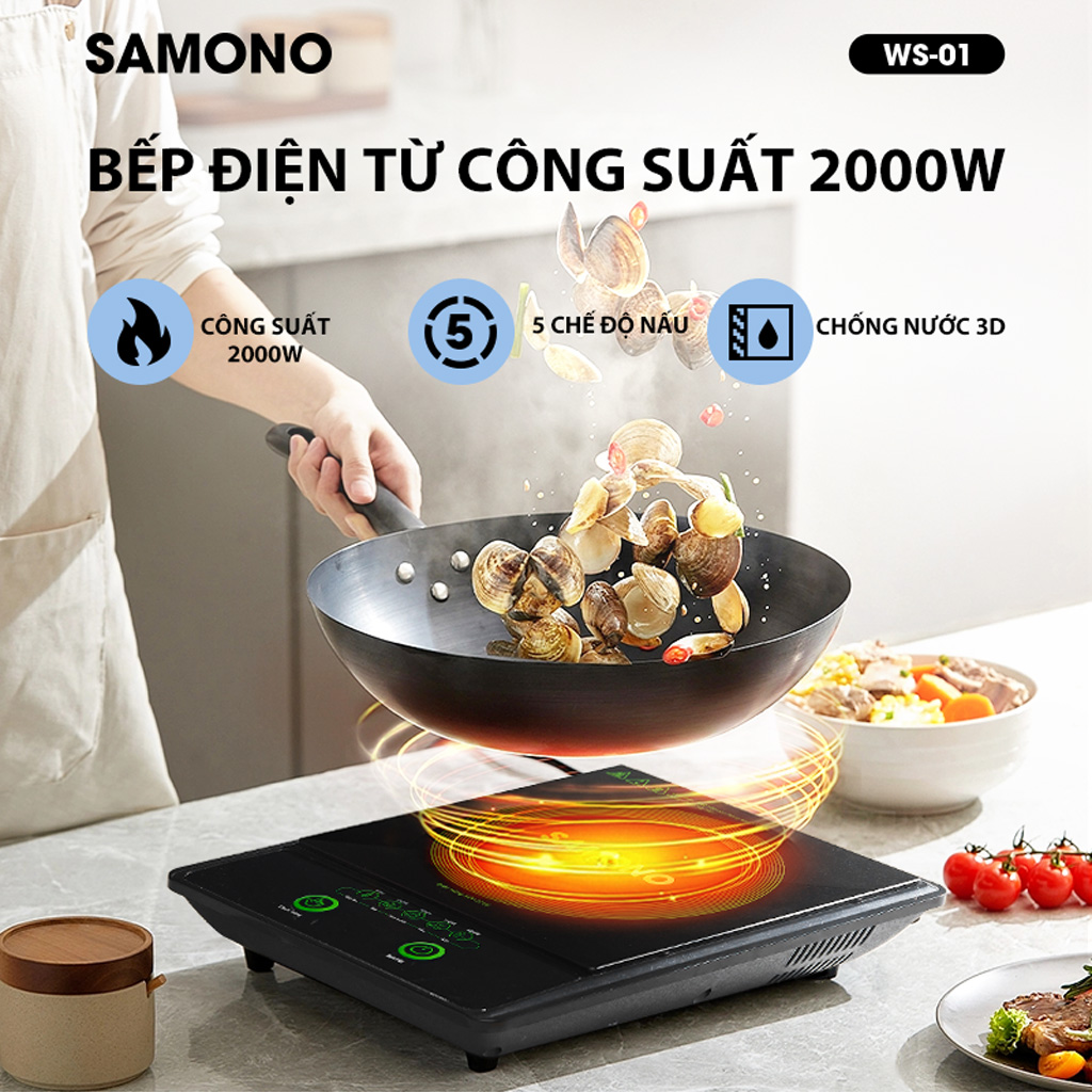 Bếp từ đơn cảm ứng thông minh SAMONO WS-01 chống nước 5 chế độ nấu bề mặt kính dày dặn - HÀNG CHÍNH HÃNG