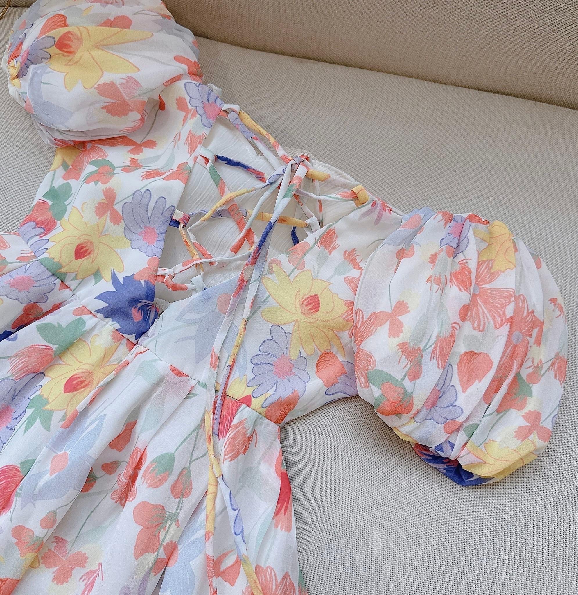 ĐẦM DÀI HOA MAXI ĐI BIỂN CỔ U DÂY LƯNG SUÔNG XÒE MIDI FLORAL DẠO PHỐ DỰ TIỆC