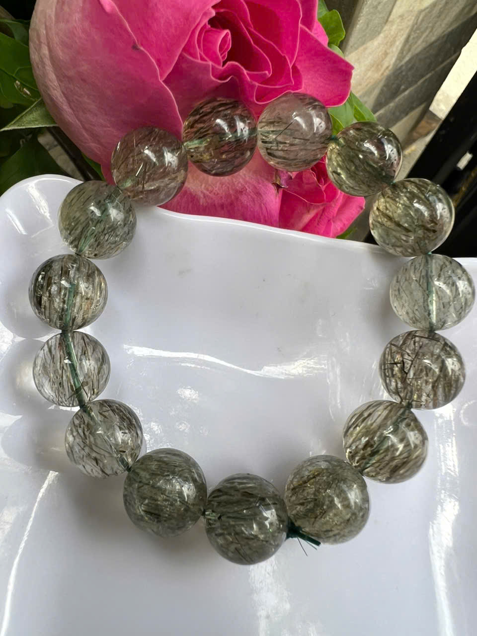 ️ Vòng Tay Chuỗi Nam Vip Size Hạt 14mm Đá Thạch Anh Tóc Xanh Tự Nhiên Trong Bóng Mượt Hợp Các Anh Nam mệnh Mộc Hỏa Thủy đeo đẹp may mắn tốt cho sức khỏe công việc hanh thông ạ