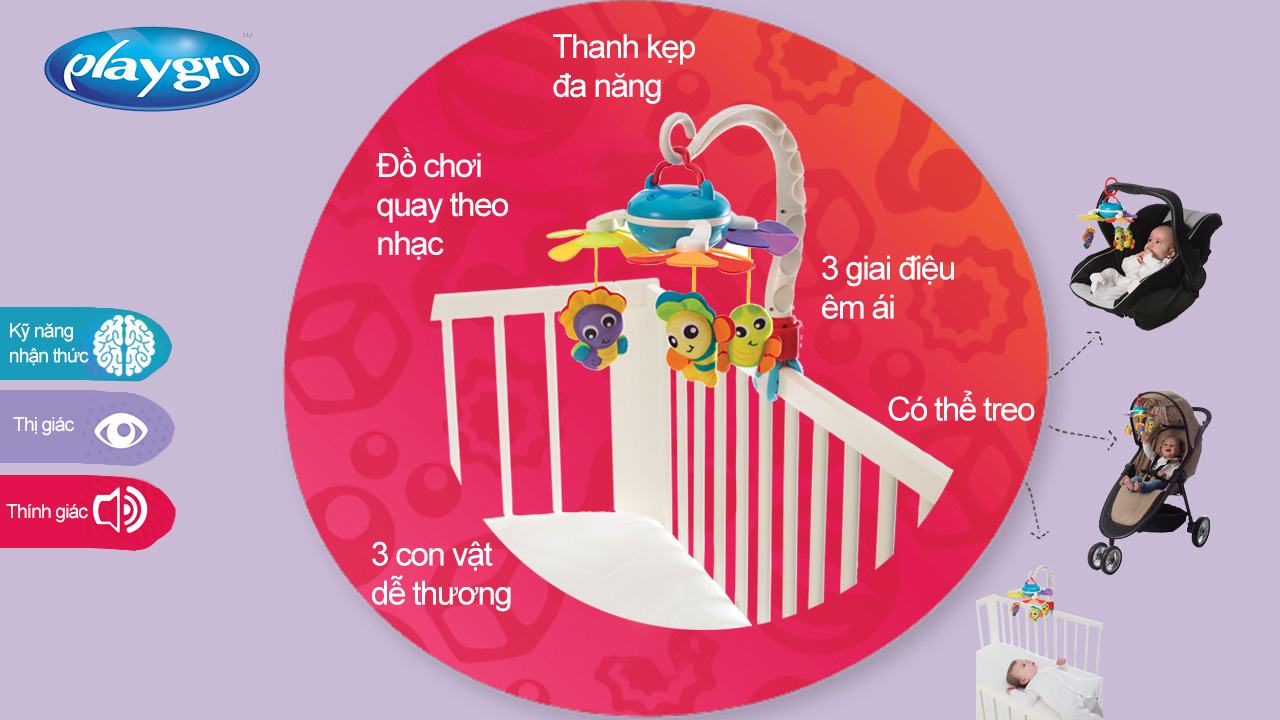 Đồ chơi treo nôi và xe đẩy phát nhạc Playgro Musical Travel Mobile, cho bé sơ sinh đến 5 tháng